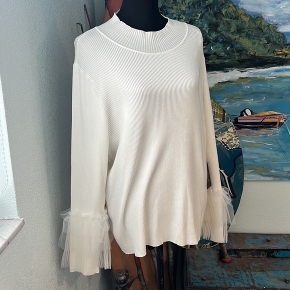 NWT,VINCE CAMUTO,Tulle & Ruffle Mock Neck Softly Ribbed Sweater,Gorgeous1X - Picture 4 of 10